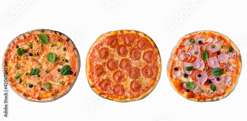 Three different types of Pizza on white background isolated above view. Delicious homemade pizza top view. 