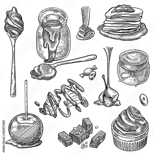 Liquid caramel sauce in jar, spoon, toffee candy, splash, apple, cupcake dessert set. Sweet food vector illustration. Hand drawn elements collection. Confectionery concept
