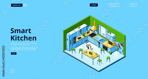 Smart kitchen isometric landing, iot technology