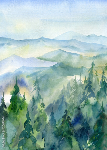 Canvas Print Beautiful landscape with mountains in fog and forest, watercolor illustration