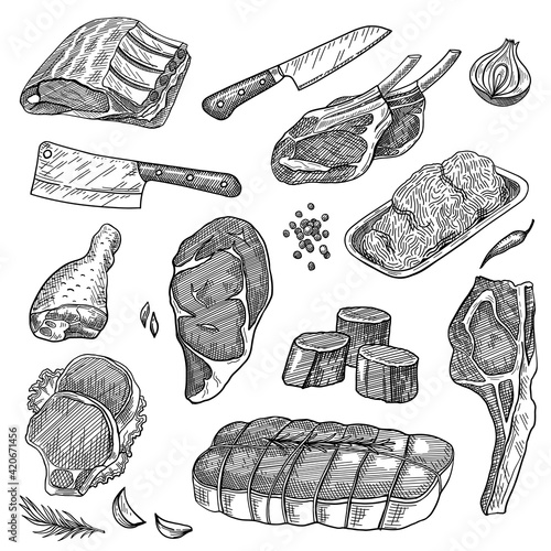 Ground meat, beef steak, pork ribs, sirloin, turkey leg, knives set. Food products vector illustration. Hand drawn elements collection. Butcher shop concept