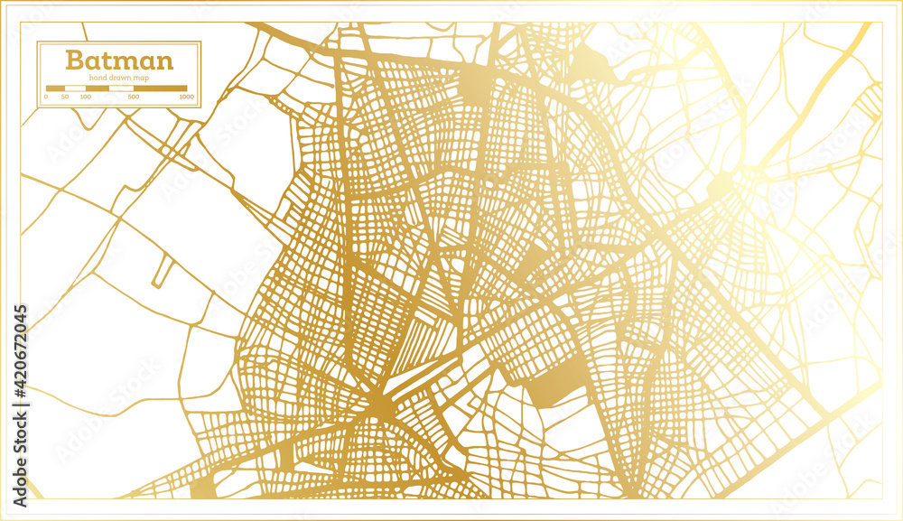 Batman Turkey City Map in Retro Style in Golden Color. Outline Map. - obrazy, fototapety, plakaty 