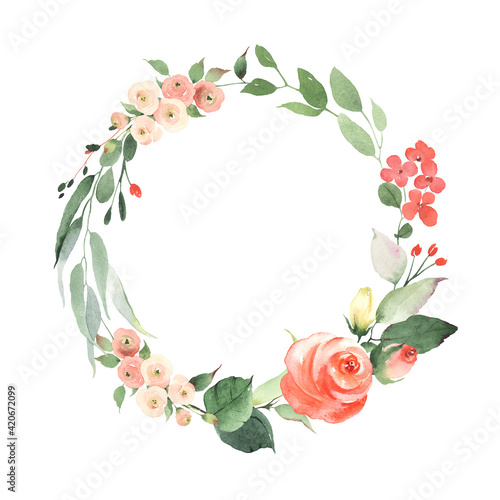 Wreath with red rose, small abstract flowers and green leaves. Watercolor frame isolated on white background for your text, invitation card, greeting, date or message.