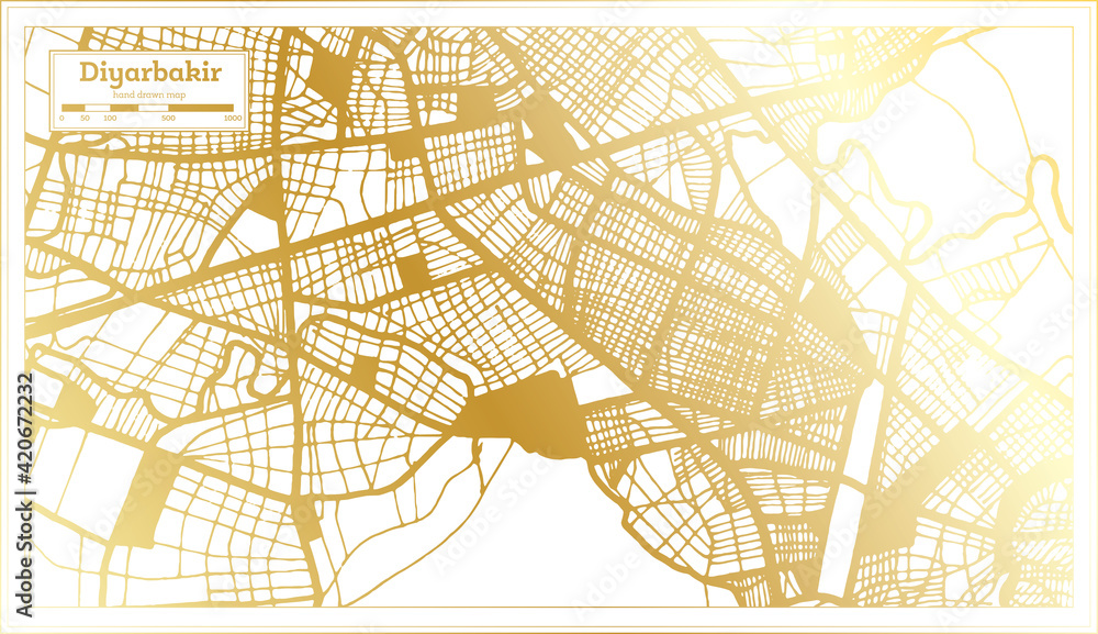 Diyarbakir Turkey City Map in Retro Style in Golden Color. Outline Map.
