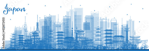 Outline Japan Skyline with Blue Buildings.