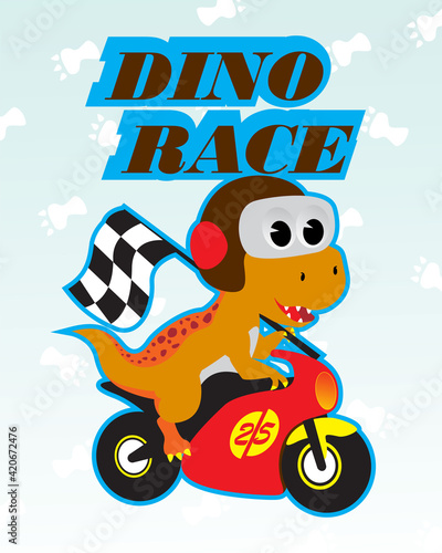 little dinosaur riding a classic  motorcycle. Cute dino sports t-shirt for kids Vector cartoon illustration.