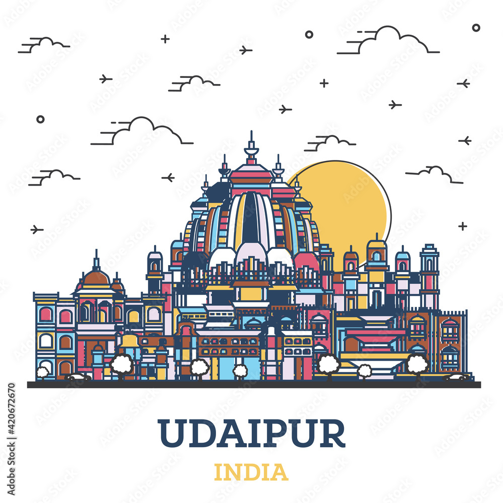 Outline Udaipur India City Skyline with Colored Historic Buildings Isolated on White.