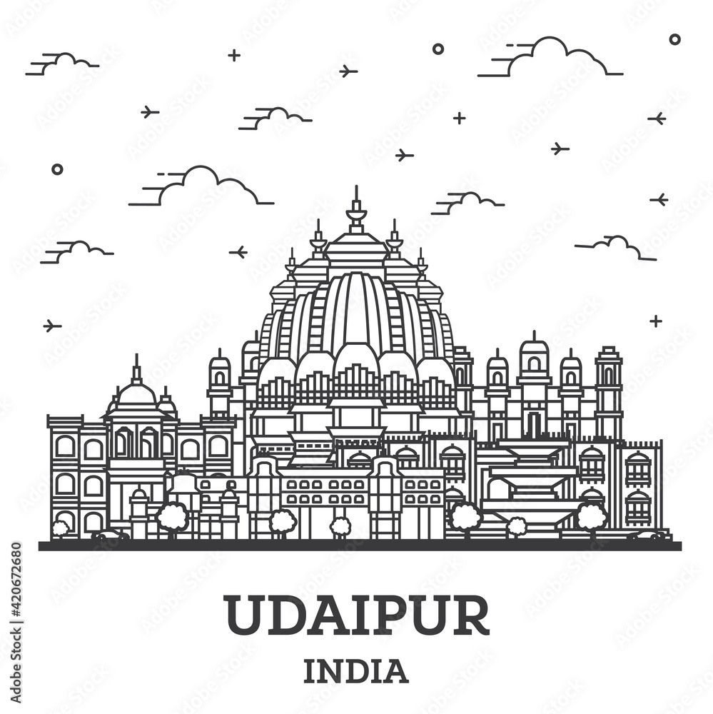 Outline Udaipur India City Skyline with Historical Buildings Isolated on White.