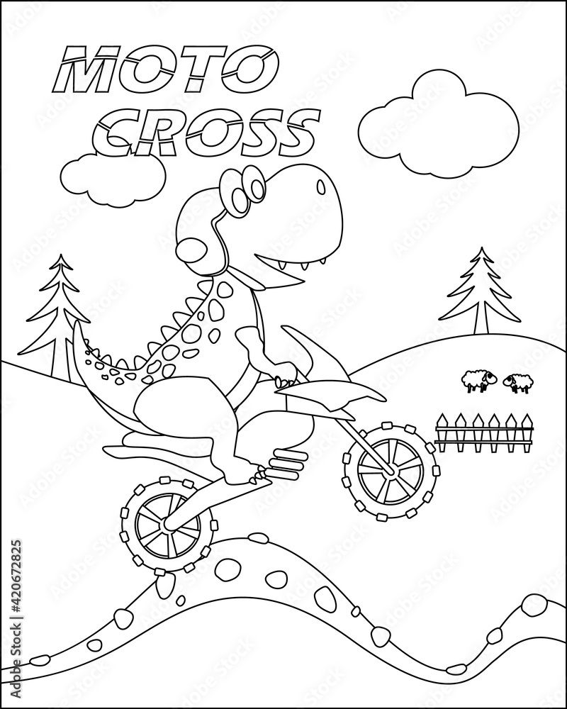 Vector illustration of a funny dinosaur on a motocross bike, Dinosaurs cartoon characters, Creative vector Childish design for kids activity colouring book or page.
