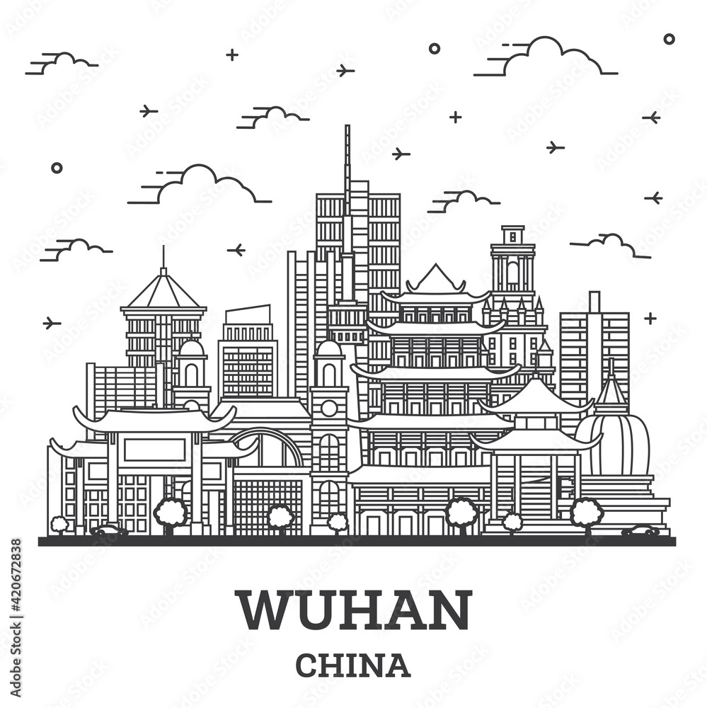 Fototapeta premium Outline Wuhan China City Skyline with Modern Buildings Isolated on White.