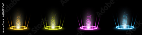 Color hologram portals set. Magic fantasy portal. Magic circle teleport podium with hologram effect. Vector colorful glow rays with sparks on black background.