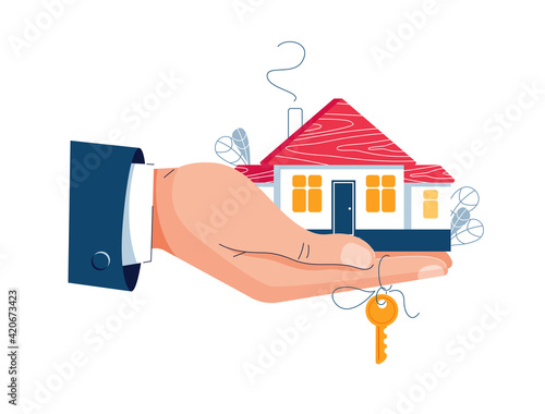 Buy a house concept. Man holding a house and key in hand. Deal sale, property purchase, real estate agency, mortgage loan, buy a home for web, banner, emailing design. Modern flat vector illustration