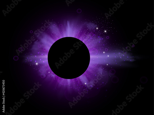 Purple burst with sparkle rays and lens flare effect. Glowing stars. Purple glitter bokeh lights and burst of magical dust particles. Vector illustration.
