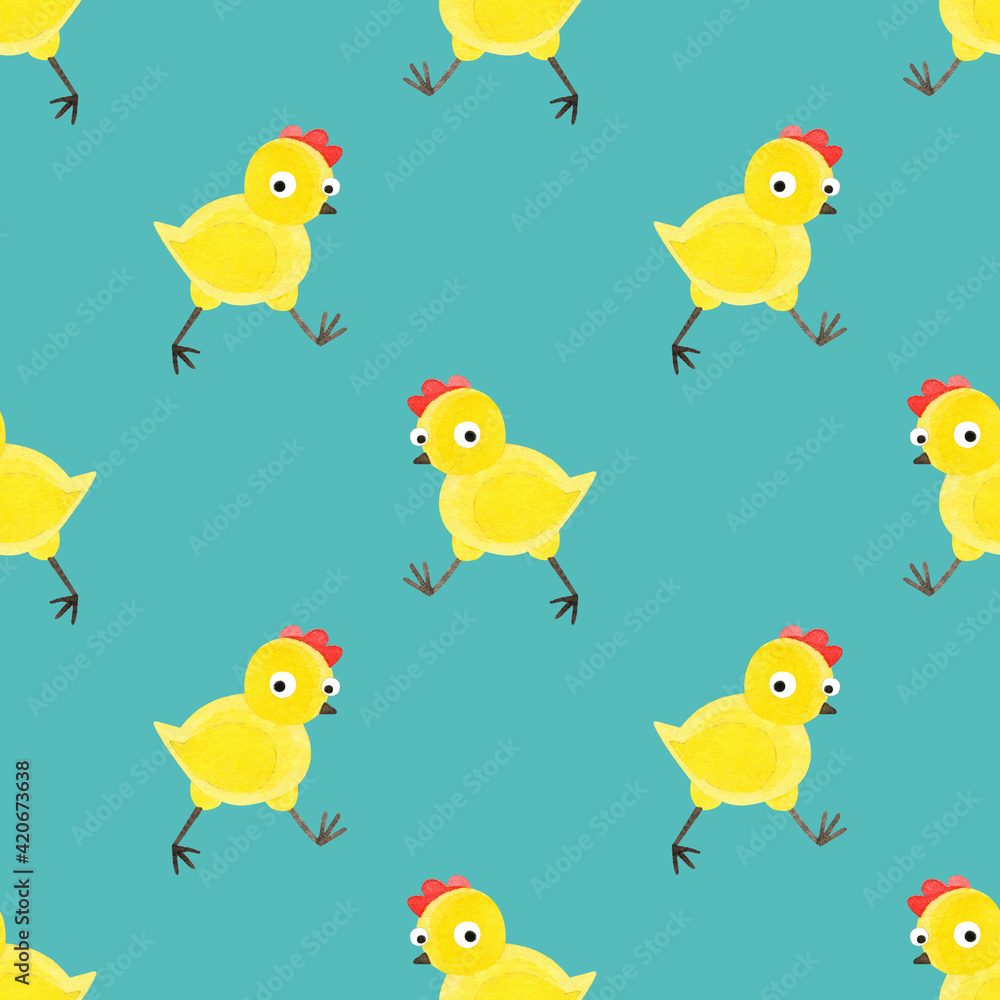 A pattern with a walking little chicken. Seamless pattern of funny yellow chickens. Hand-drawn watercolor texture with cute birds on a green background. For textiles, prints, and children's design. A pattern with a walking little chicken. Seamless pattern of funny yellow chickens. Hand-drawn watercolor texture with cute birds on a green background. For textiles, prints, and children's design.
