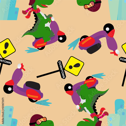 Seamless pattern vector of funny dinosaur on a scooter bike. Creative vector childish background for fabric, textile, nursery wallpaper, card, poster and other decoration.