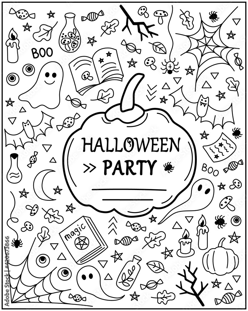 Halloween party invitation. Hand drawn doodle style. Vector Halloween pattern with pumpkins, ghosts, spider web, bats, mushrooms, candles, bottles, magic books. Black outlines isolated on a white.