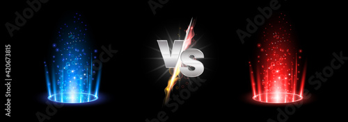 Versus fire battle with hologram podium, magic portal. MMA concept - fight night, MMA, boxing, wrestling, Thai boxing. VS of metal letters with light fire and glow. Versus battle vector.
