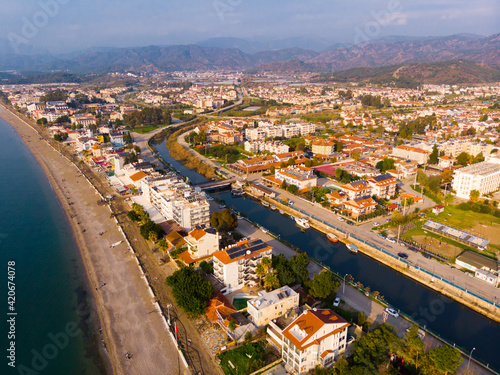 View from drone of modern Turkish city and beach resort of Fethiye on Turquoise Coast of Aegean Sea on sunny day, Mugla Province