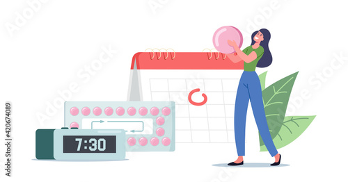 Fertility and Pregnancy Control, Contraception. Tiny Female Character Hold Pink Pill Apply Oral Contraceptives in Time