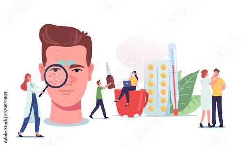 People with Sinusitis Disease. Tiny Doctors or Patients Characters at Huge Male Head with Sinus Cavity Inflammation