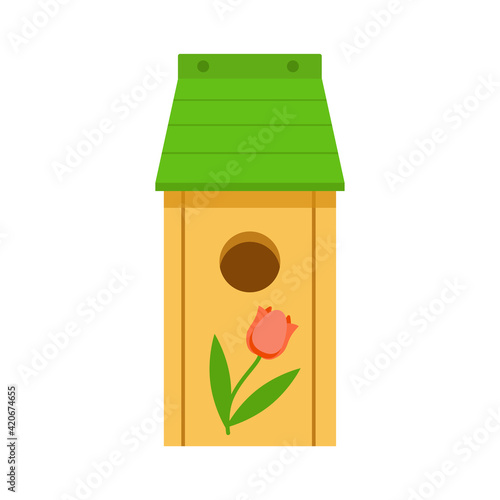 Creative wooden birdhouse with flat green roof, decorated with painted red tulip, isolated on white background. International Bird Day. Spring vector illustration in flat cartoon style