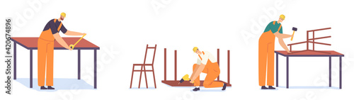 Workers Carpenter Characters with Instruments Working in Workshop. Joiners Make Carpentry Woodwork Drill Wooden Table