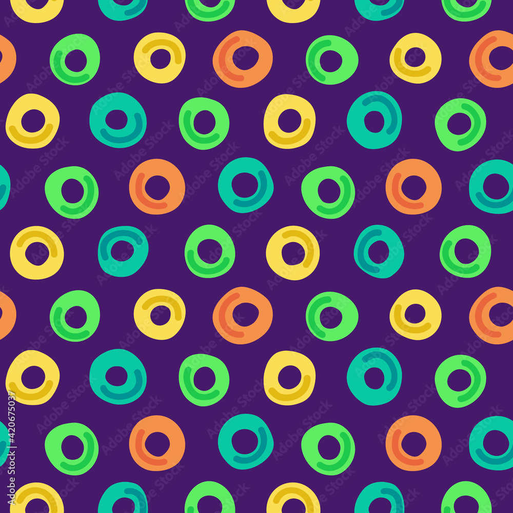 Abstract bright seamless pattern with circles - donuts. Beautiful modern print for textile, fabric, page fill, wallpaper, packaging, design. Hand drawn vector illustration with colorful rings. Abstract bright seamless pattern with circles - donuts. Beautiful modern print for textile, fabric, page fill, wallpaper, packaging, design. Hand drawn vector illustration with colorful rings.