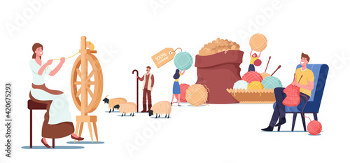 Cashmere Producing Concept. Woman Spinning Wool on Wheel, Shepherd Grazing Goats, Man Knitting Clothing