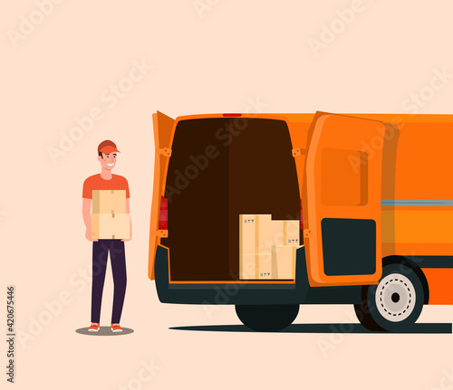 Worker loads boxes in a cargo van. Vector illustration.