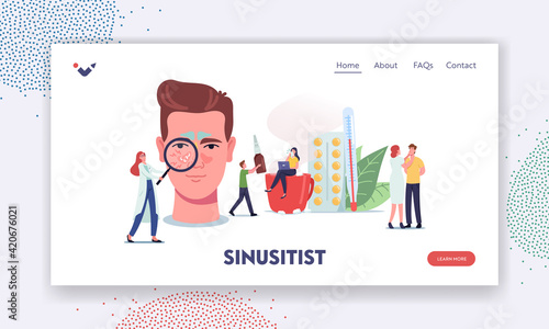 Sinusitis Landing Page Template. Tiny Doctors or Patient Characters at Huge Male Head with Sinus Cavity Inflammation