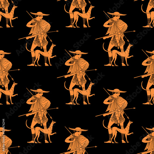 Seamless geometrical pattern with silhouettes of ancient Greek hunter with a dog. Vase painting motif.