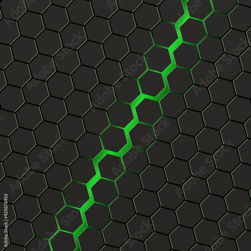 Black hexagons with green background. Cyber game backdrop.
