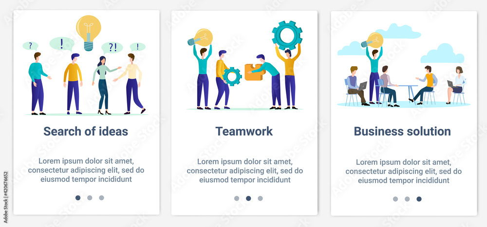 Modern flat illustrations in the form of a slider for web design. A set of UI and UX interfaces for the user interface.The topic is Teamwork and brainstorming.