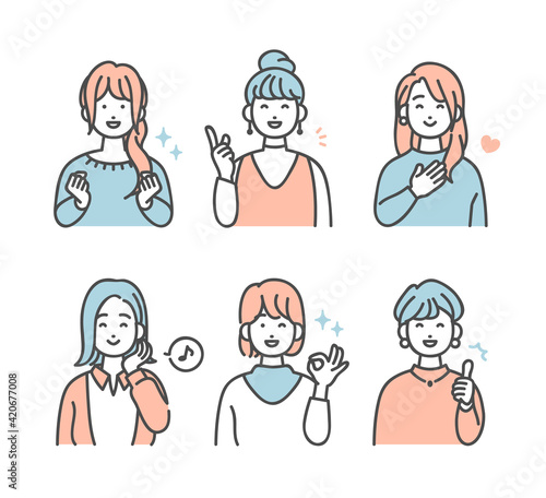 笑顔の女性とハンドサイン