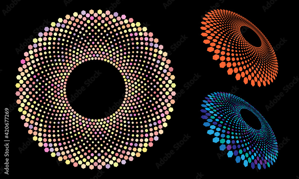 Abstract halftone circles with hexagons. Different perspective and colors good as logo or icon.