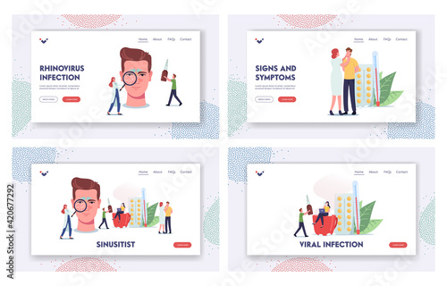 Sinusitis Landing Page Template Set. Tiny Doctors or Patient Characters at Huge Head with Sinus Cavity Inflammation