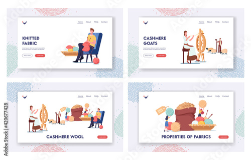 Cashmere Producing Landing Page Template Set. Woman Spinning Wool on Wheel, Shepherd Grazing Goats, Man Knitting Cloth