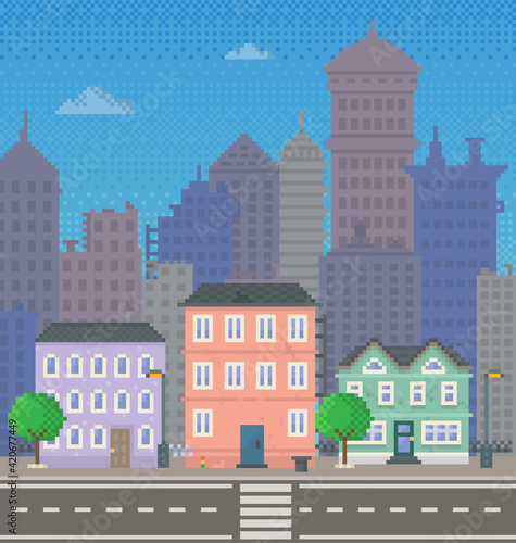 Empty city with long road along houses. Modern town architectural landscape with large skyscrapers