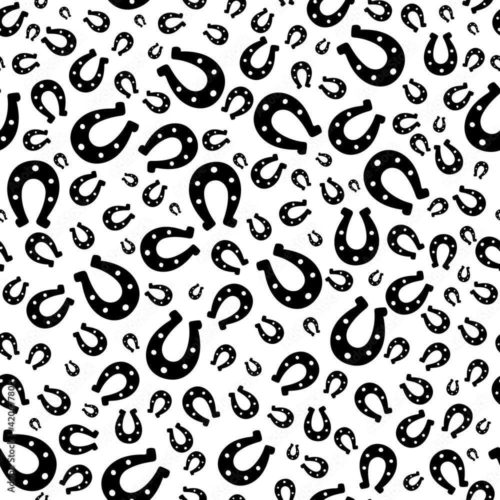 Silhouette of a happy horseshoe. Seamless vector pattern. Endless ornament. Isolated colorless background. Horse shoes. St. Patricks Day. Imitation of ink drawing. Flat style. Idea for web design. Silhouette of a happy horseshoe. Seamless vector pattern. Endless ornament. Isolated colorless background. Horse shoes. St. Patricks Day. Imitation of ink drawing. Flat style. Idea for web design.