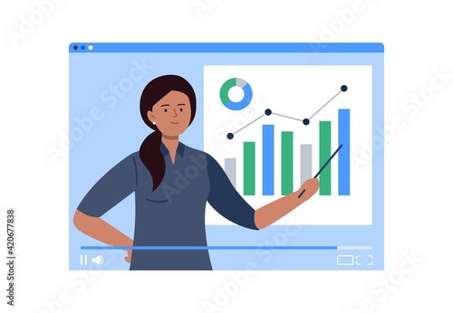 Online economy learning. Video tutorial from professionals, bloggers. Online education, e-learning, studying at home. Vector flat illustration.