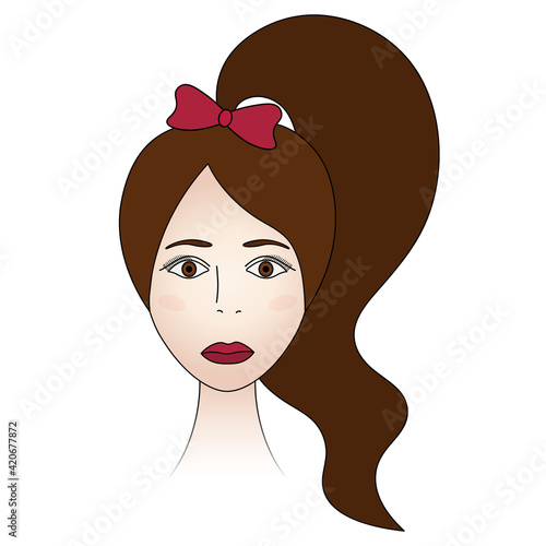 Womans face. Lady full face. Long hair tied in a bow in a ponytail. Colored vector illustration. Brunette with brown eyes. Blush on the cheeks. Long eyelashes. Lips are painted with scarlet lipstick. 