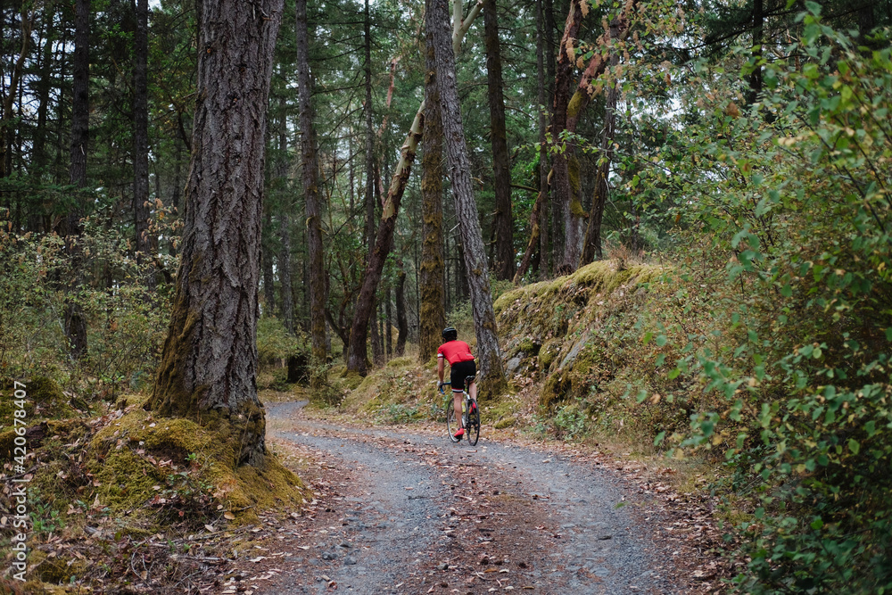Man in red jersey cycles along empty road in the forest.