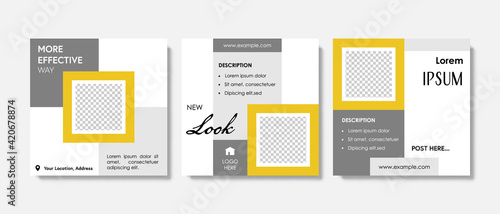 Clean square web banner for social media post. Abstract template with square design contrast elements. Business layout for shop offer, seller. Yellow and grey colors,  banner for facebook and insta