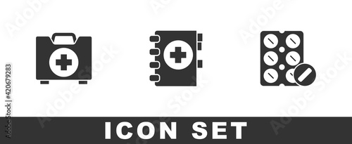 Set First aid kit, Medical clipboard and Pills in blister pack icon. Vector