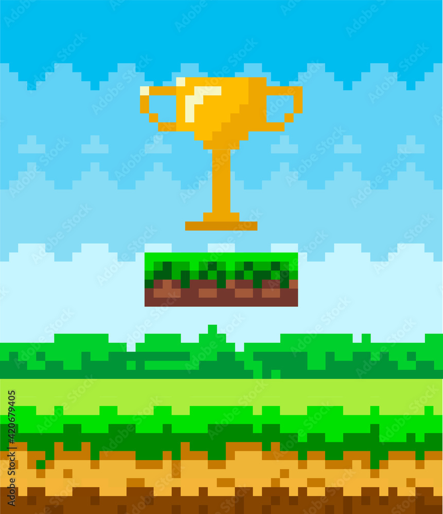 Golden cup pixel-game art illustration. Icon of golden trophy successful completion of game