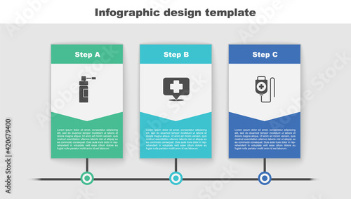 Set Bottle with nozzle spray, Map pointer cross hospital and IV bag. Business infographic template. Vector