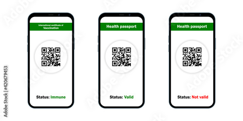 Health passport of vaccination on mobile phone screen with qr-code set. Vector illustration