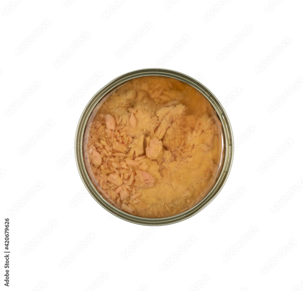 Canned Tuna, Albacore Fish Chunks in Open Tin Can Canned Tuna, Albacore Fish Chunks in Open Tin Can