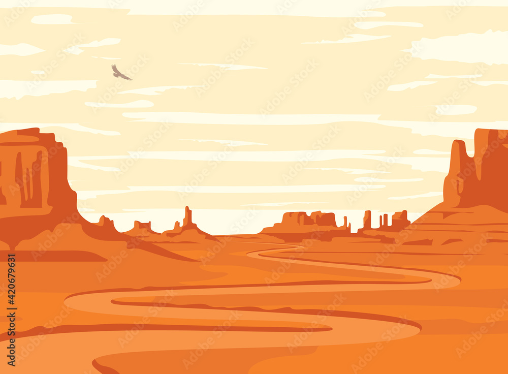 Vector landscape with deserted valley, mountains, winding dirt road and flying hawk in the sky. Decorative illustration on the theme of the Wild West nature. Hot western scenery in retro style