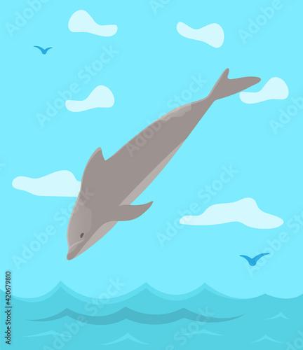 Dolphin jumping out of water column. Wildlife representative is diving out of ocean to breathe